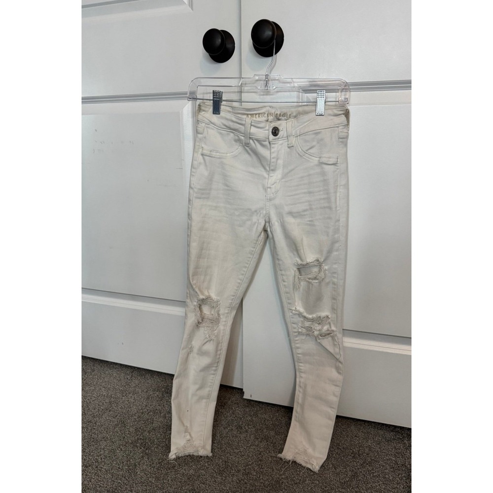 American Eagle White Skinny Stretch Jeans Ripped Distressed Size 4 Short - Picture 4 of 7